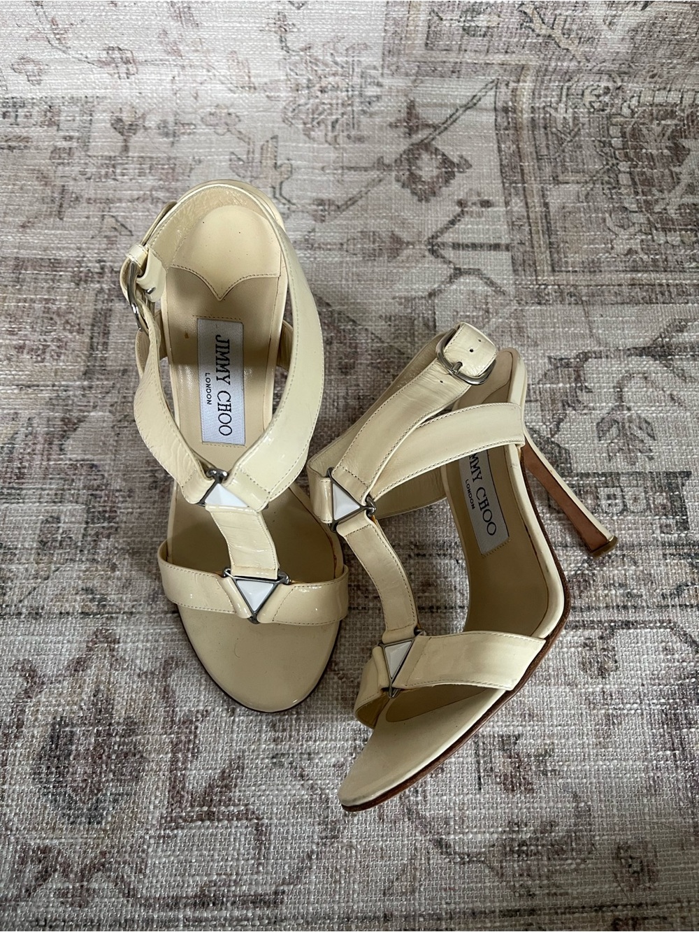 Jimmy Choo Pale Cream T-Strap Leather High Heel Sandals